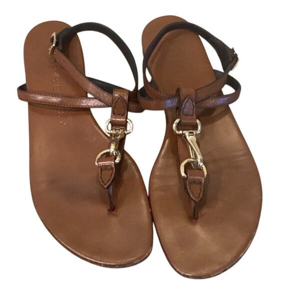 Burberry Leather T-Strap Sandals EU 41 US 11 Brown Gold Classic Old Money Resort - Picture 5 of 12